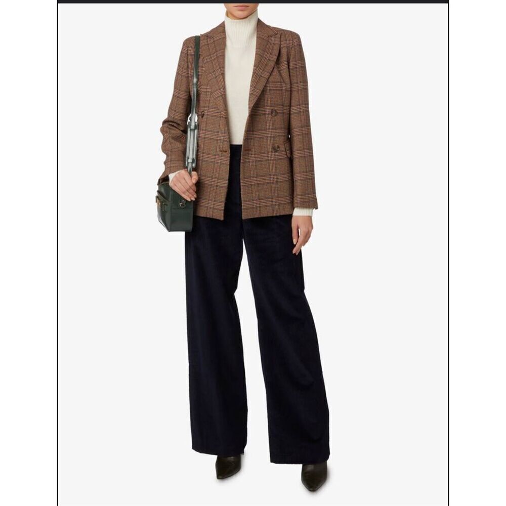Wool Blend Plaid Double-Breasted Jacket - Brown Plaid